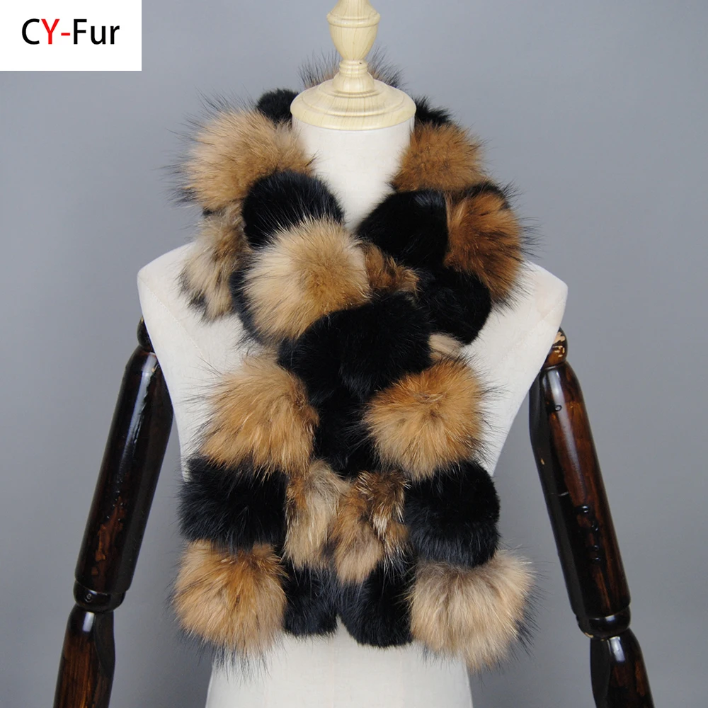 Marca de luxo Mulheres Inverno Natural Real Raccoon Fur Scarf Moda Senhora Quente Genuine Fox Fur Lenço Real Fox Fur Anel Lenços