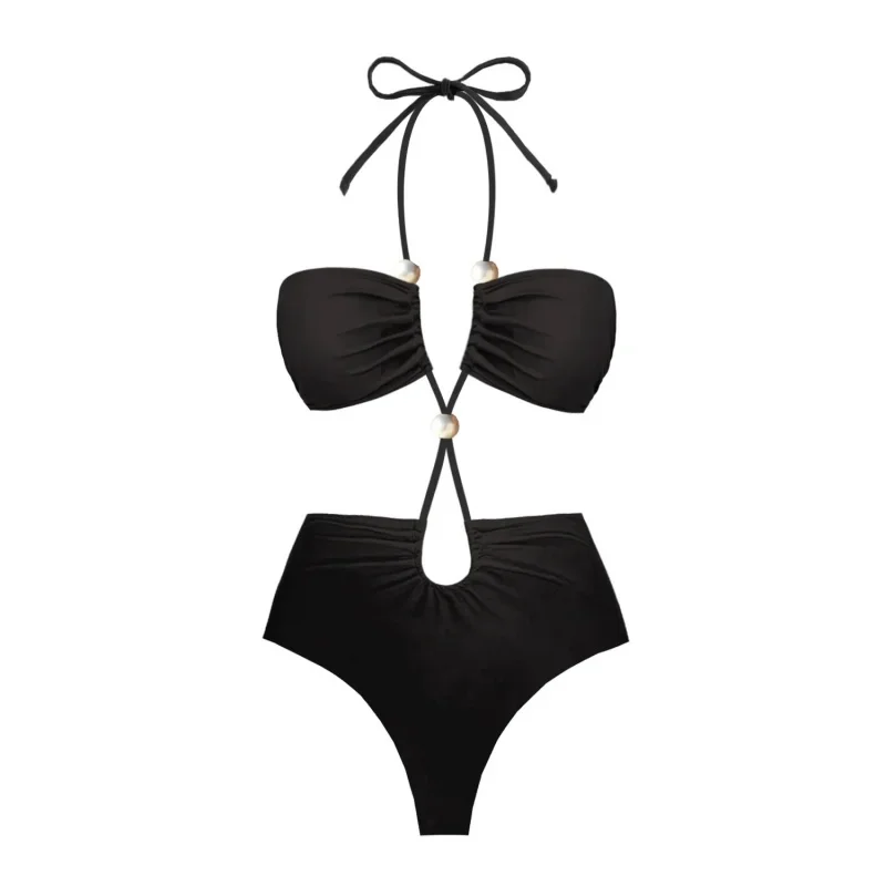 Conjunto de Bikini Sexy para mujer, traje de baño con perlas y cuello Halter, Espalda descubierta, traje de baño con cordones, novedad de 2025, Bikini, ropa de playa de 3 piezas