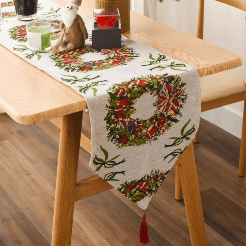 

Durable Tassel Christmas Table Runner Long Snowman Printed Table Cover Knitted Cloth Rectangle Tablecloth Banquet