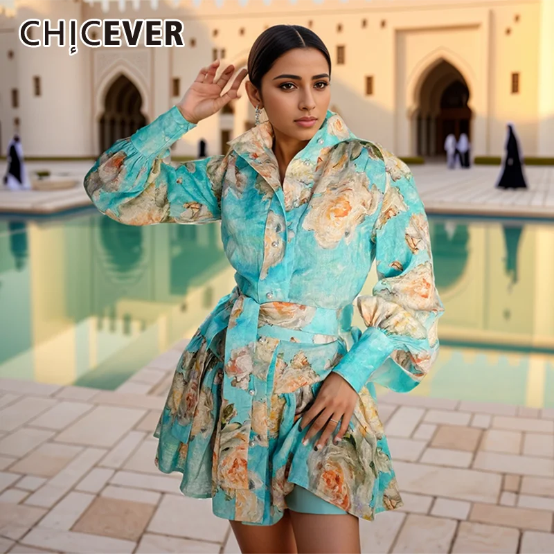 

CHICEVER Floral Print Spliced Lace Up Dress For Women Lapel Lantern Sleeve High Waist Patchwork Single Breasted Mini Dresses New