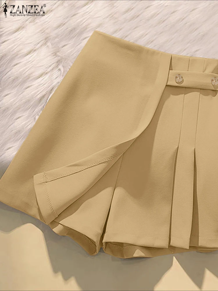 

ZANZEA Women Fashion Pleated Shorts Elegant High Waist Loose A-Line Short Trousers 2025 Summer Streetwear Asymmetric Wrap Skorts