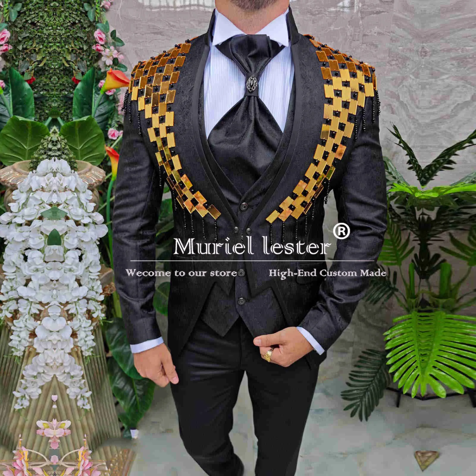 Gold Stone Beaded Suits Men For Wedding Luxury Jacquard Single Breasted Jacket Vest Trousers 3 Piece Formal Groom Tuxedos Besoke