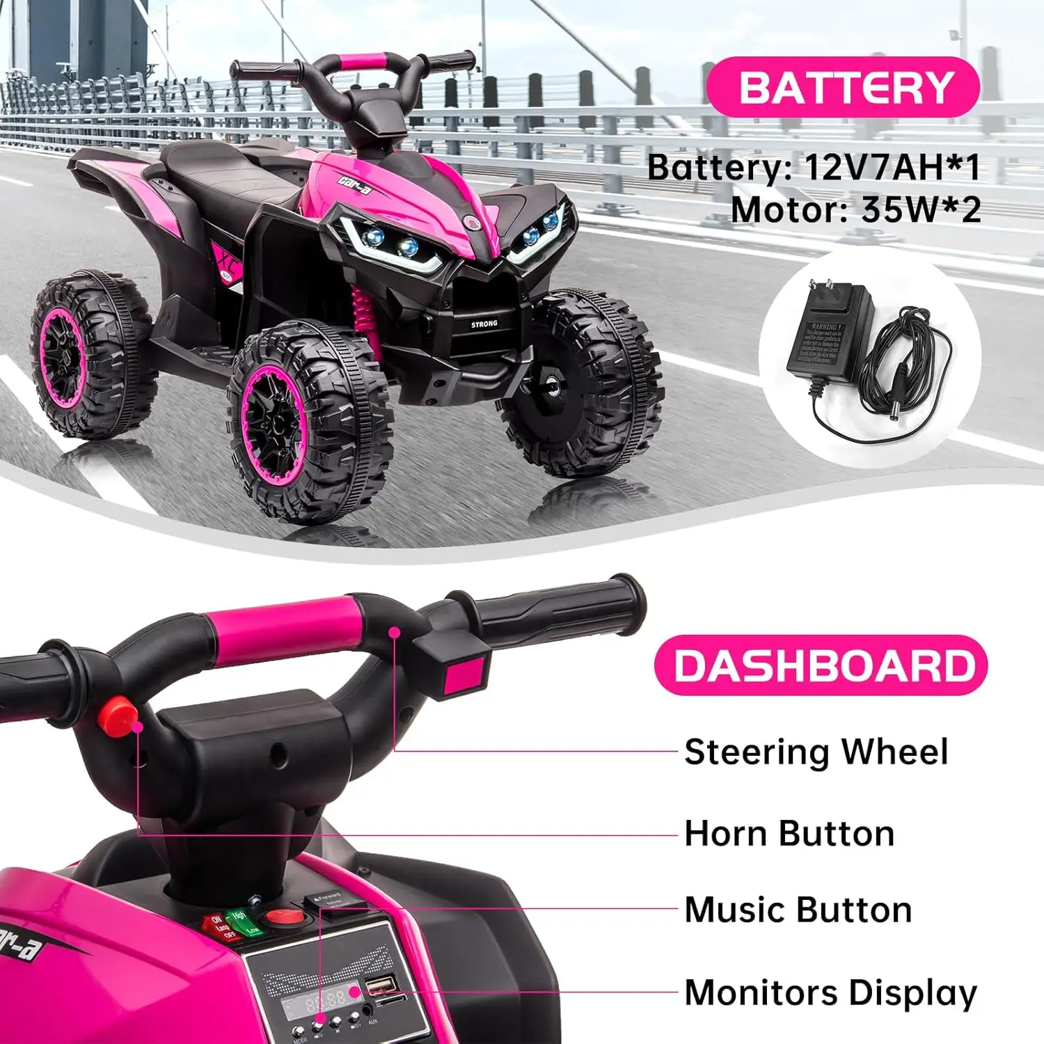 12V Kids Ride On ATV, 4 Wheeler Electric Vehicle for Toddlers, Battery Powered Motorized Quad Toy Car for Boys Girls with LED