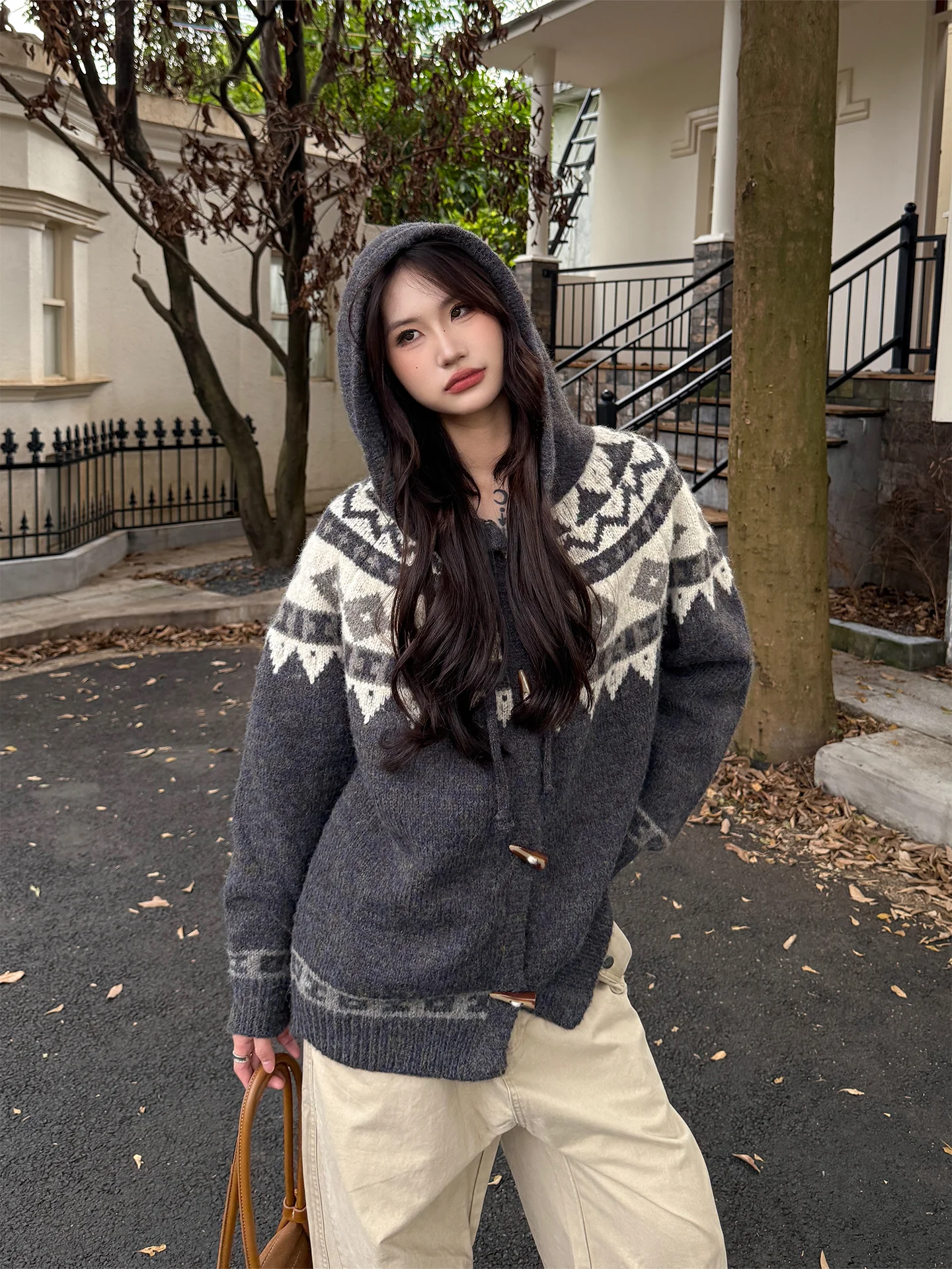 

Don Cry Heavyweight Fair Isle Вязаный открытый кардиган с капюшоном Свитер для мужчин и женщин Новый американский свитер на подкладке Lazy Sle K...