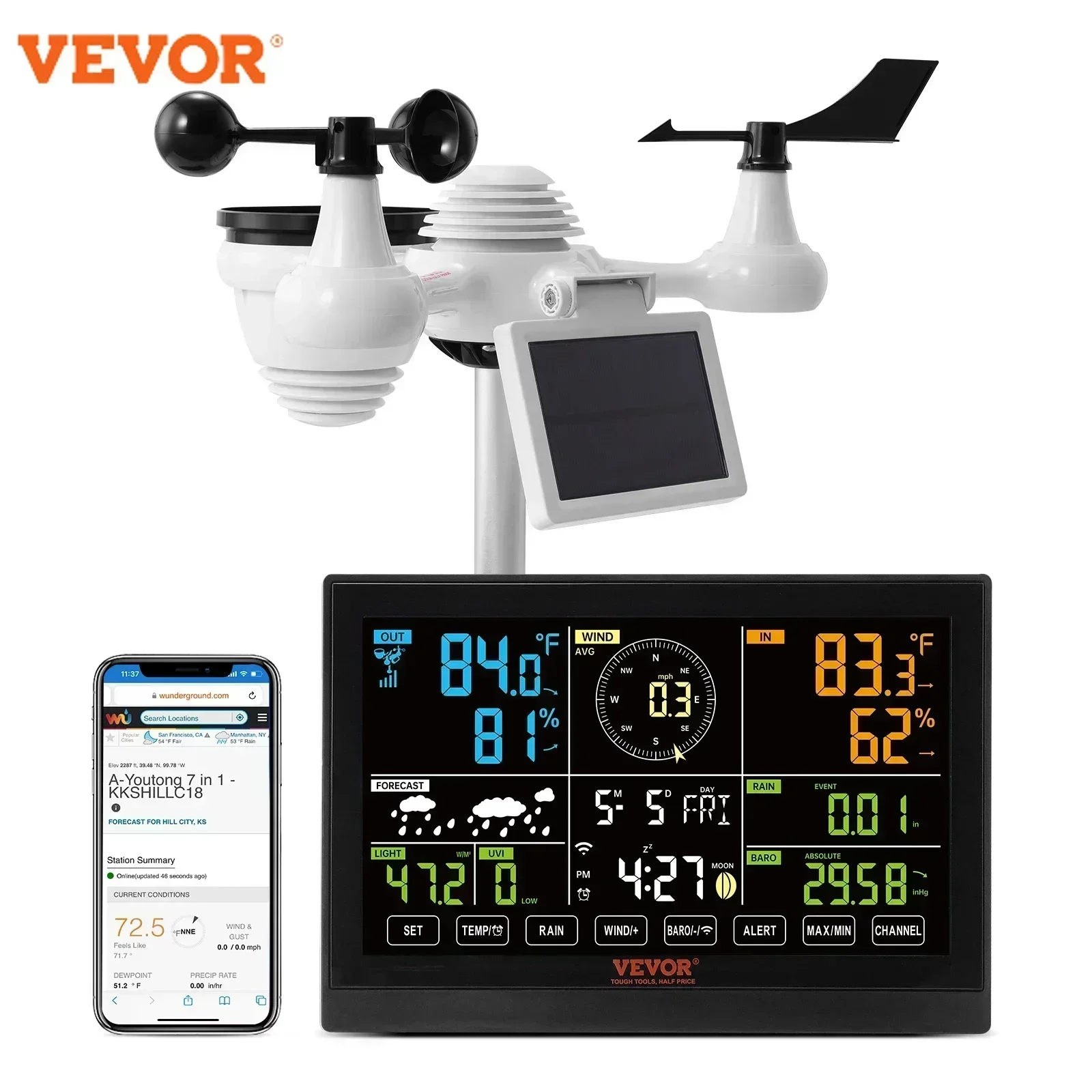 VEVOR 7-in-1 Wi-Fi Weather Station 7.5 in Color Display with Solar Wireless Outdoor Sensor Alarm Alerts for Temperature Humidity