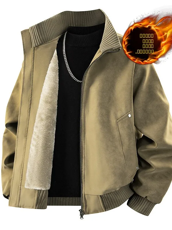

2025 New Men's Stand Collar Leather Jaet Thiened Fce Lined Winter Warm Loose Versatile Outerwear Cold Proof Jaet