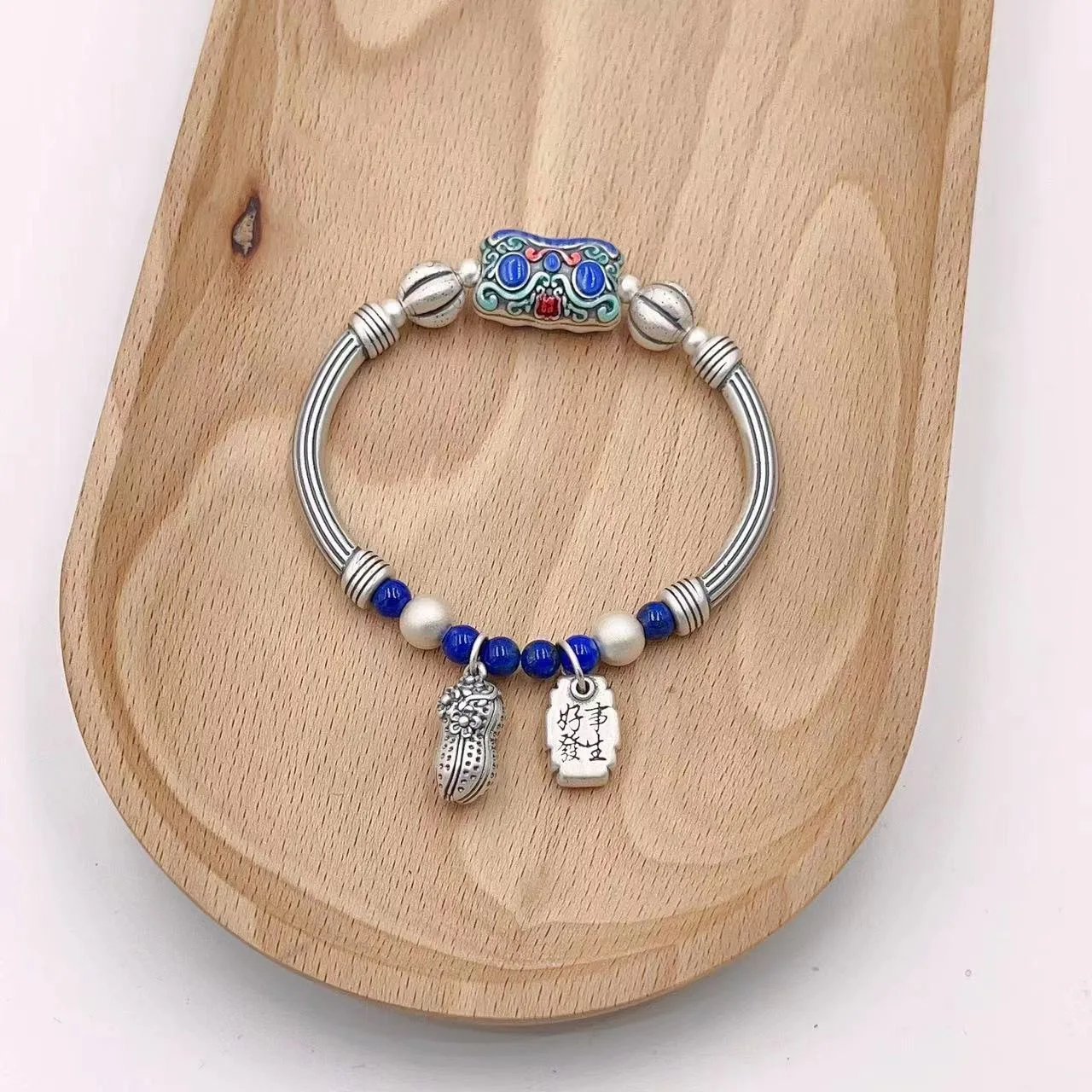 

Pure 999 Silver Elbow Enamale Lion Shape Lapis Lazuli Beaded Bracelet Retro Ethnic Peanut Charms Bracelets for Women Girls SL074