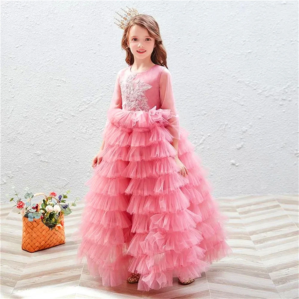 

Long-sleeved Tulle Lace Layered Flower Girl Dress Princess Ball Beauty Pageant First Communion Kids Surprise Birthday Present