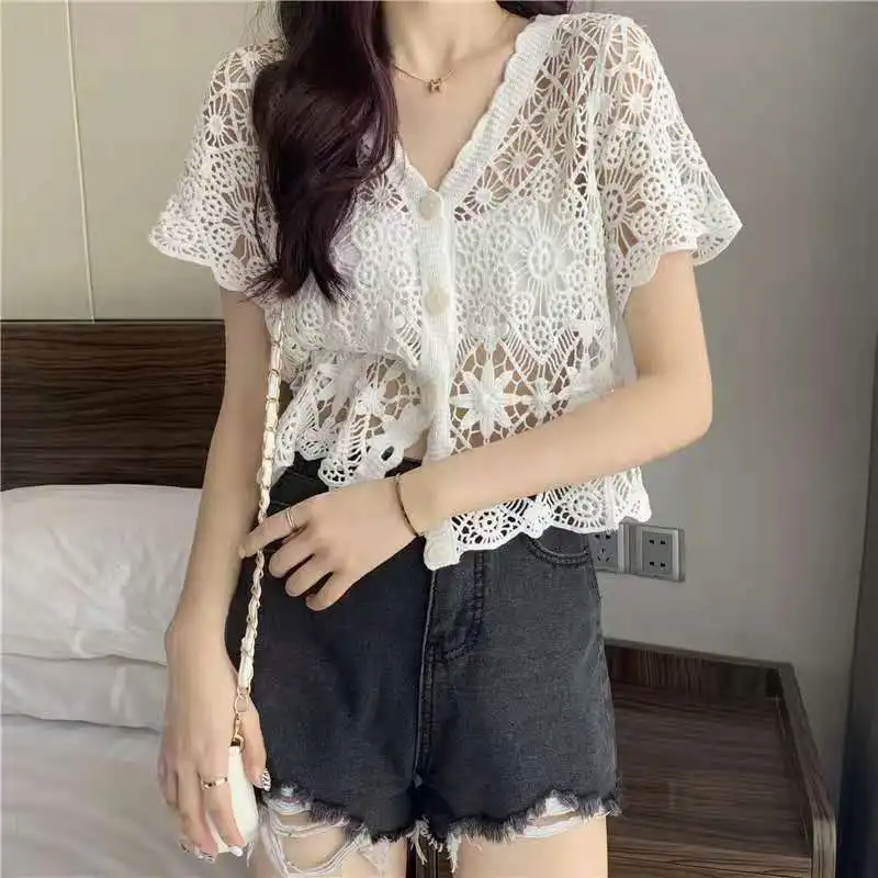 2024 Summer Korean Fashion Minimalist Sweet Style Blouses Loose Short Sleeved Hollow V-neck Solid Color Button Women\'s Shirt Top