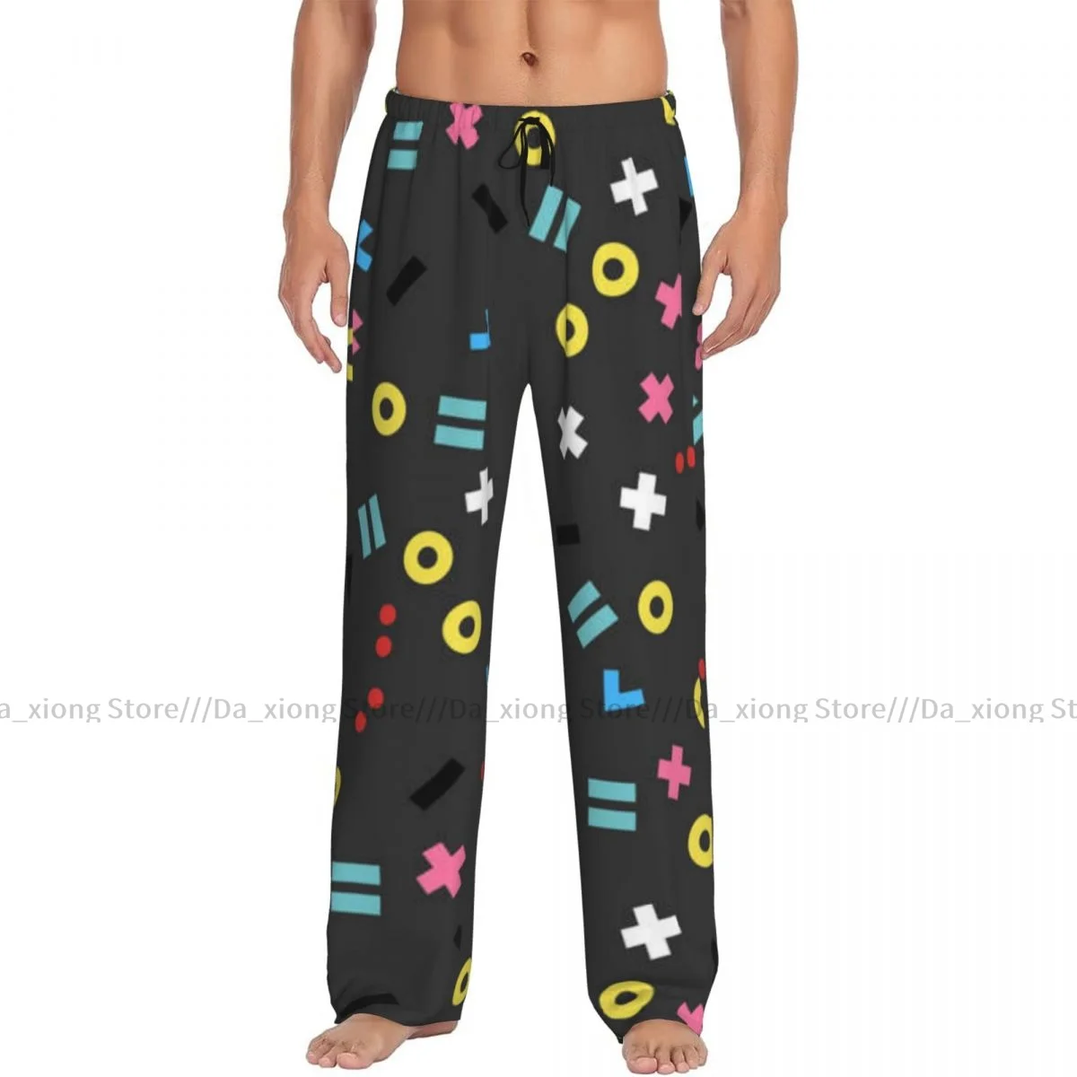 Mens Casual Pajama Long Pant Loose Elastic Waistband Geometric Elements In Hipster Memphis Cozy Sleepwear Home Lounge Pants