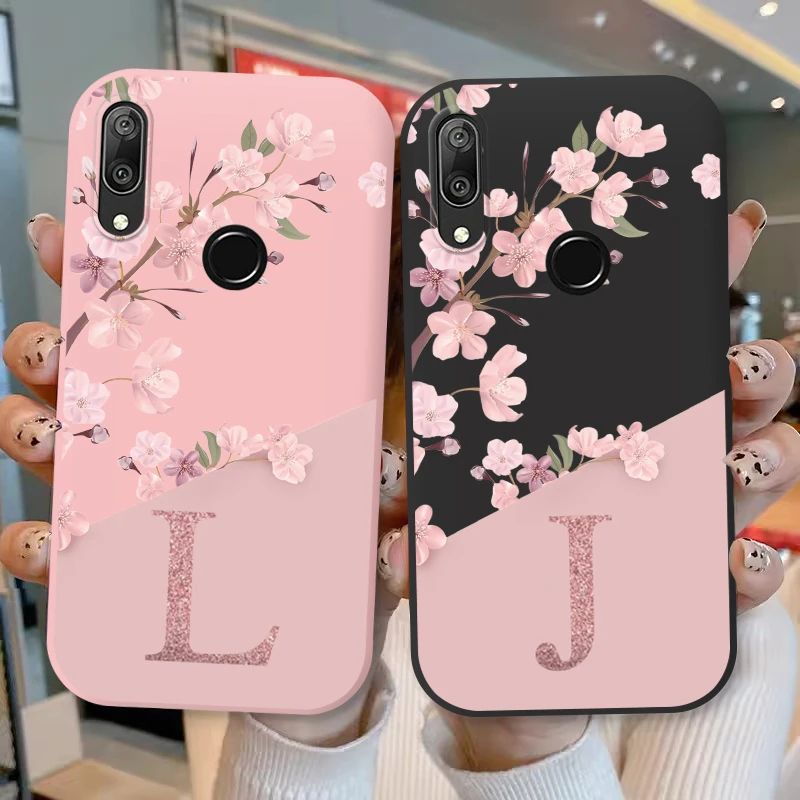 Initial Letter Silicone Phone Case For Huawei Y7 Prime 2019 Shell Retro Pink Flower Soft TPU Back Cover For Huawe Y7 2019 Capa