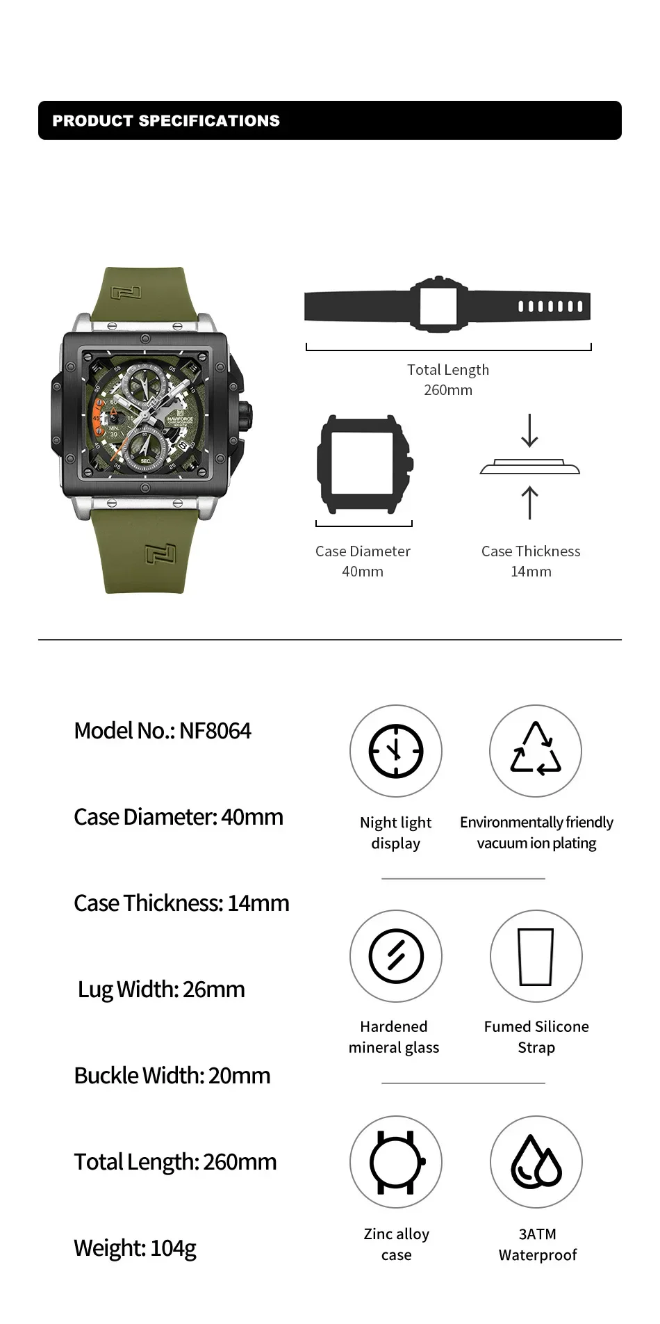 NAVIFORCE NF8064 New Style Watches for Men Casual Sports Quartz Chronograph Water Luminous Date Display Window Wristwatch