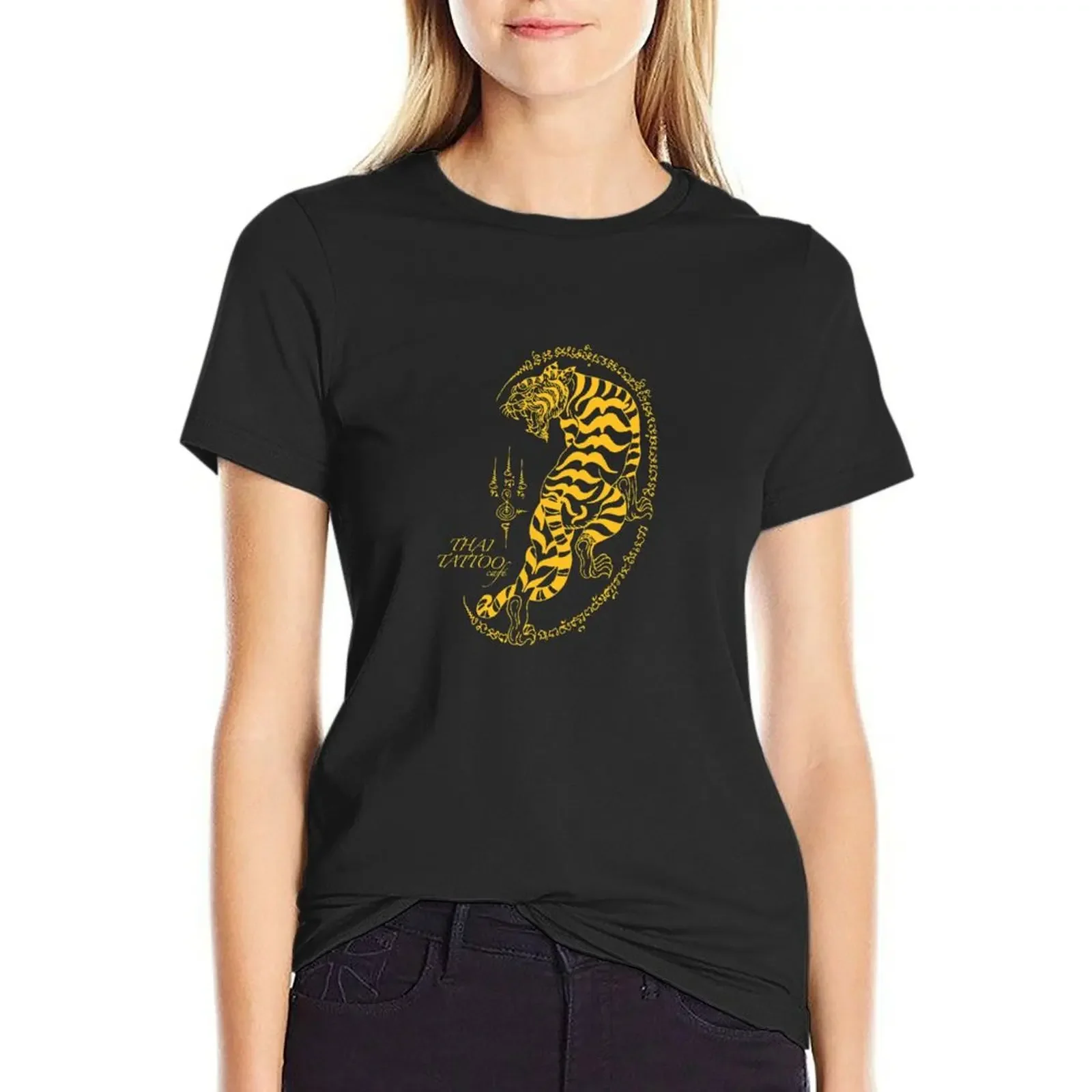 

Looking Back Thai Tiger with Thai Tattoo Café Logo T-Shirt Blouse tops aesthetic clothes Woman clothing