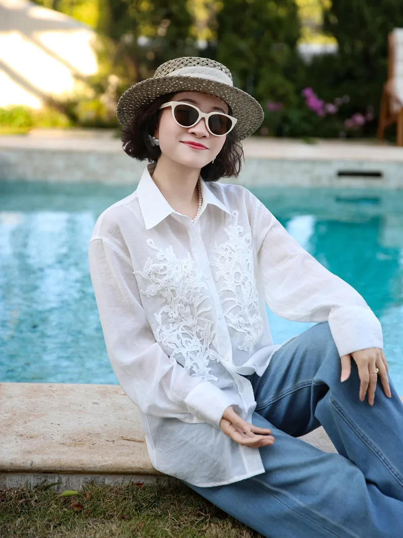 

Elegant Vintage Embroidered Cotton Blend Long Sleeve Shirt Comfortable Loose Fit Breathable Women's Fashion Spring 2026