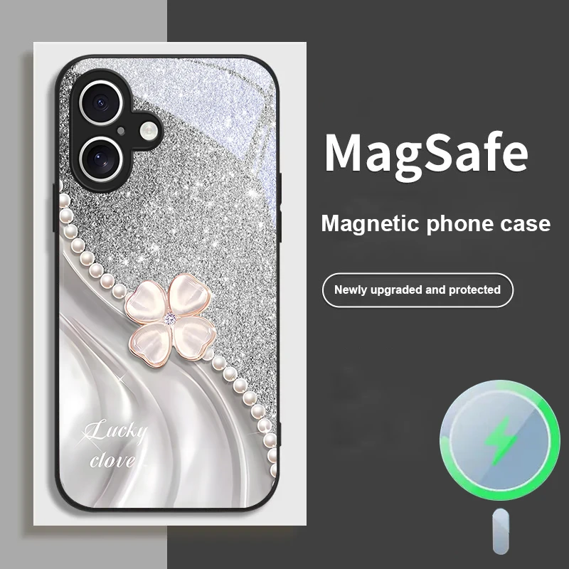 

Pink four-leaf clovers For iPhone 17 Pro Max 16E 15 Pro 14 13 Plus 12 mini 11 XR Xs X 7 8 16 17 Air Magsafe Glass Phone Case