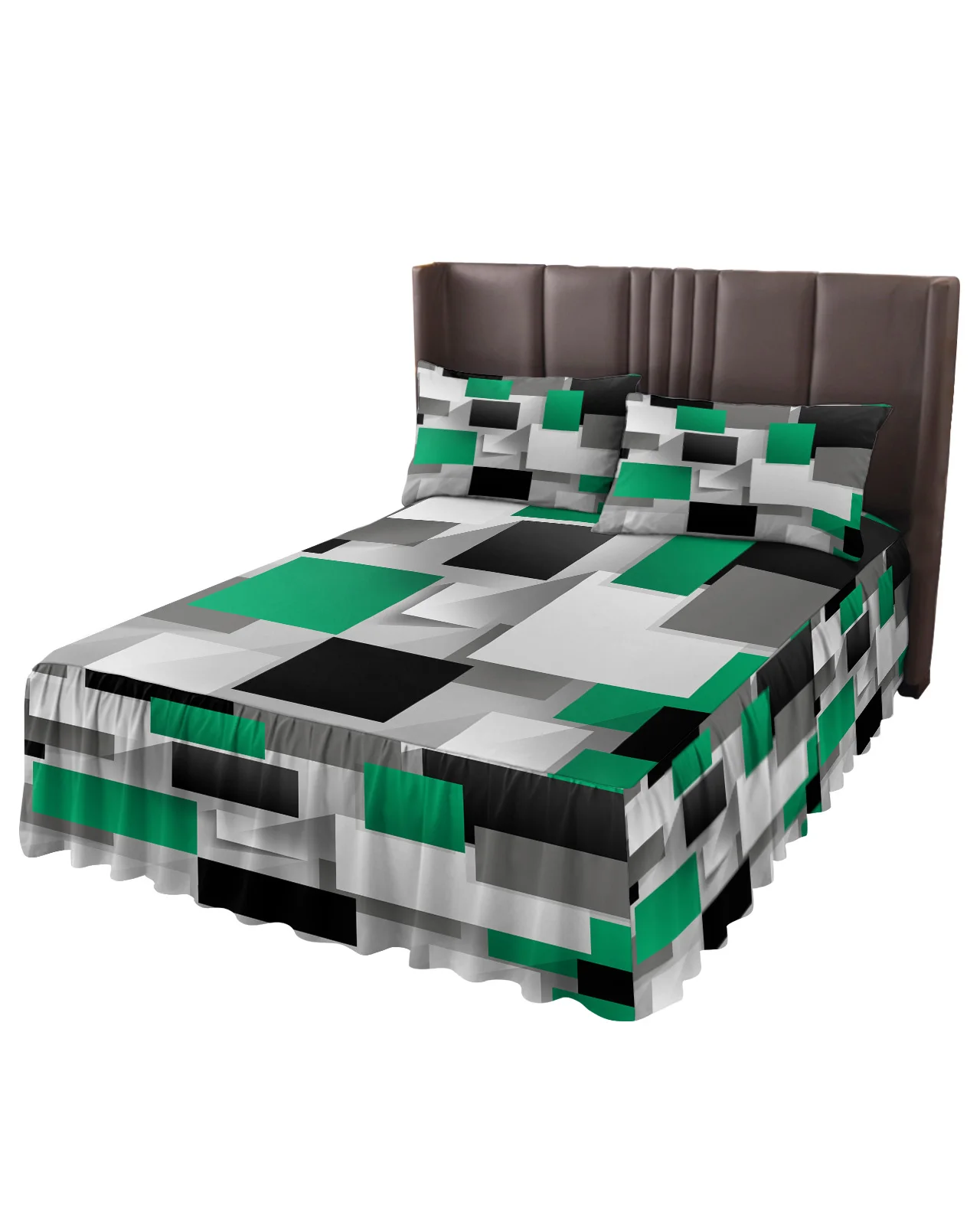 Geometric Emerald Green Gray Black Solid Abstract Bed Skirt Fitted Bedspread With Pillowcases Mattress Cover Bedding Set