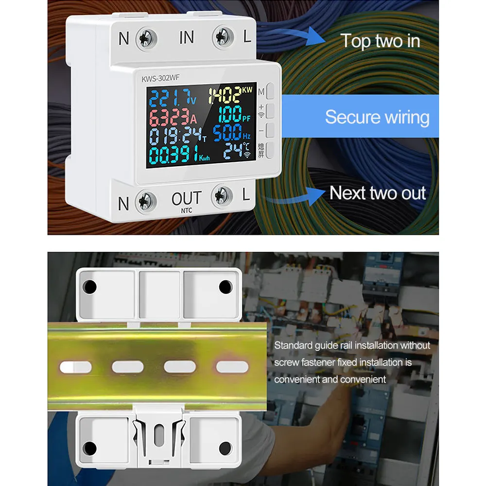 KWS-302WF Digital Energy Meter 0-9999KWH Multifunction Din Rail Power Meter KWH Meter AC170-300V LED Display Voltage Ammeter