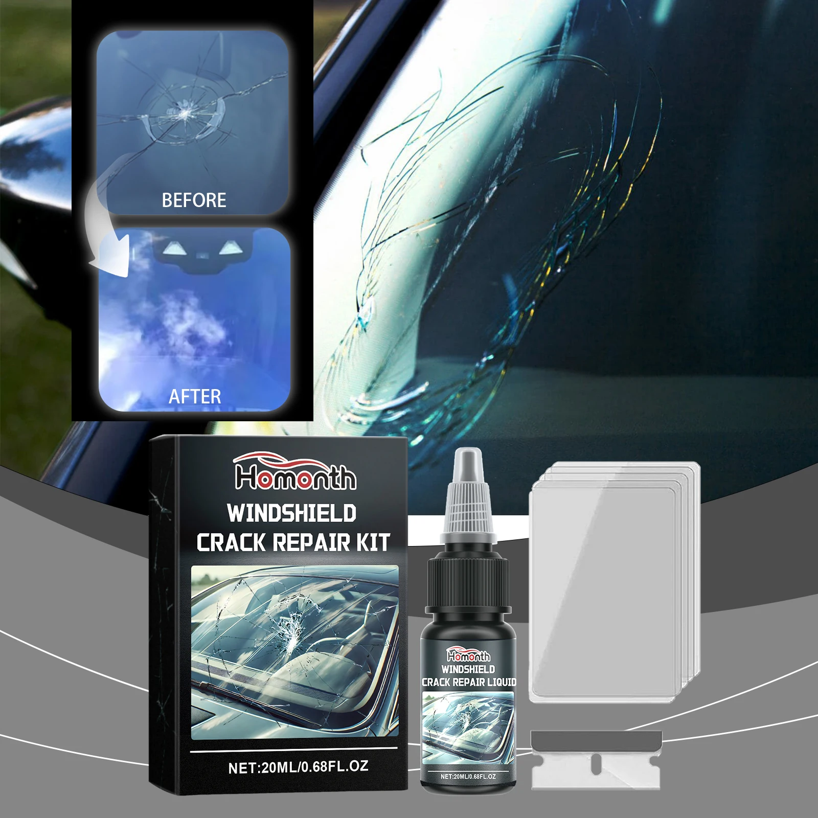 Windscreen Crack Repair Kit Automotive Glass Repair Adhesive Prevents Crack Progression Sets Cracks and Scratches Bonding Soluti