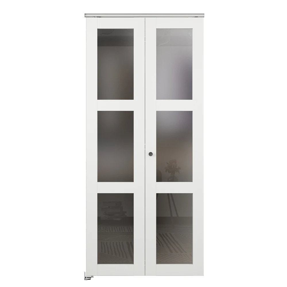 

30 in. x 80 in. 3 Lite Frosted Glass Solid Core White Composite Bi-Fold Door with Hardware Kit and Door Handle