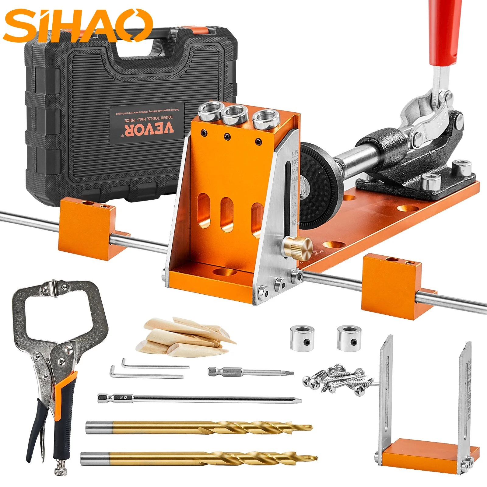 

SIHAO 30pc/Set Pocket Hole Jig System with Step Drills Wrenches Drill Stop Rings Pro Adjustable & Easy to Use