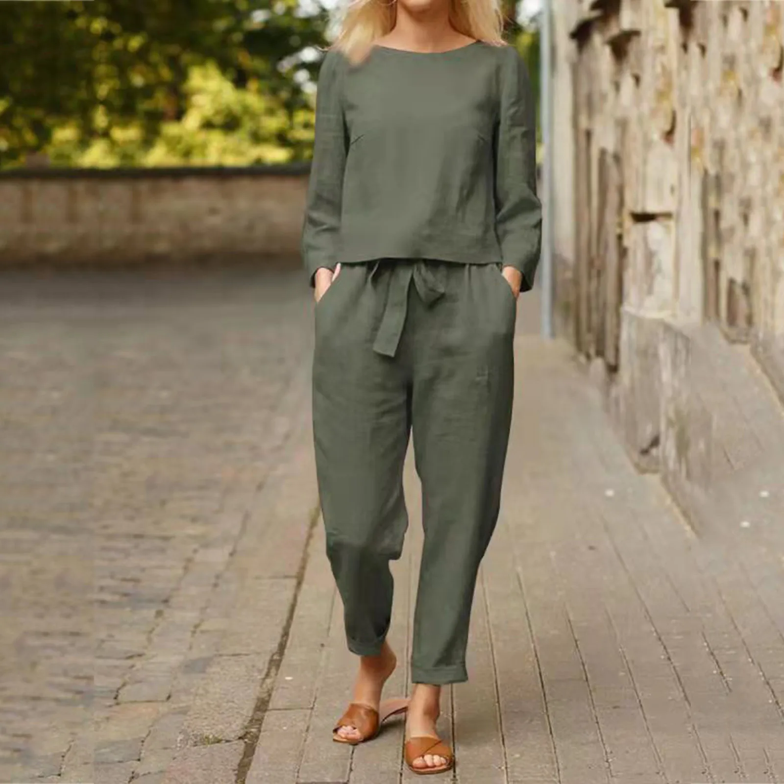 Women\'s Comfortable Loose Cotton Linen Suit Casual Vintage Solid Color Top And Drawstring Wide Leg Long Pants Two Piece Set