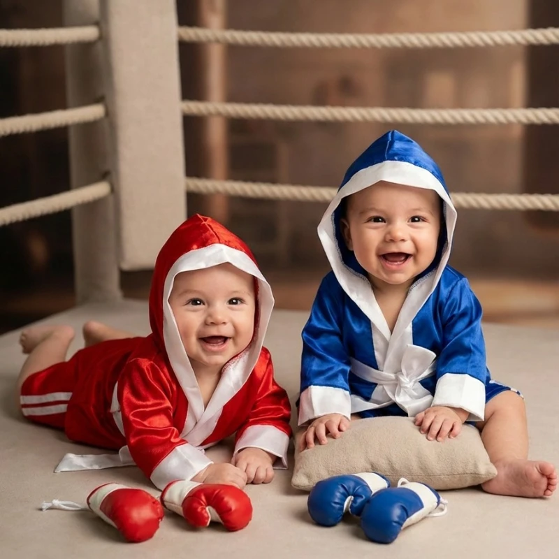 3Pcs/Set Newborn Photography Props Boxing Champion Outfit Unisex Baby Boy Girl Robe Gloves Shorts Photo Shoot Boxer Costume