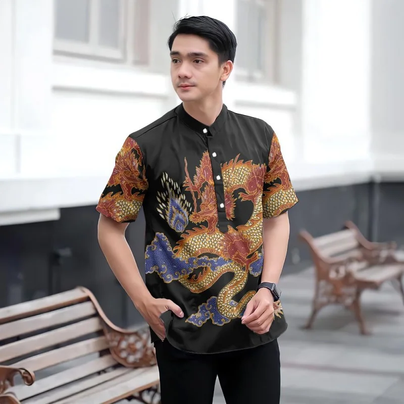 Camicia Koko Kurta da uomo Camicia Ramadan Raya 2025 Colletto alla coreana Tessuto ampio e traspirante e confortevole Modello stampato in 3D Manica corta