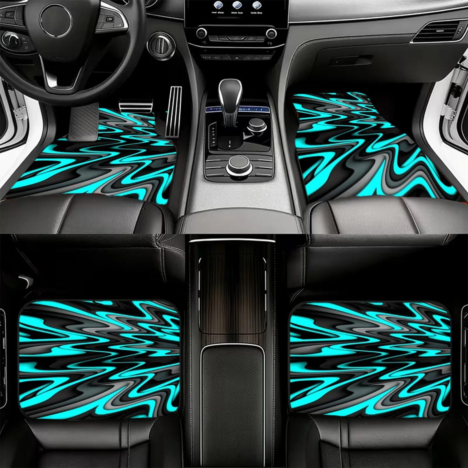 4pcs Set Car Floor Mats | Abstract Wavy Pattern In Black, Gray, Cyan, Polyester Material, Dynamic Visual Design, Universal Fit F