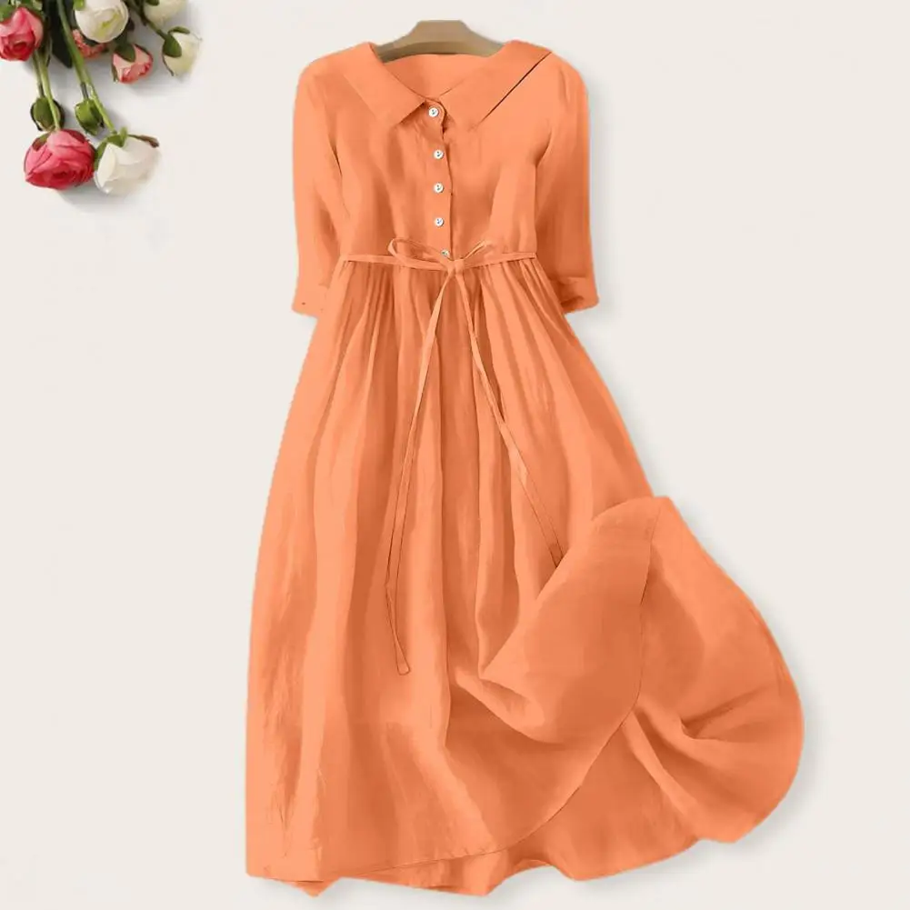 

Women's Summer Dress Lapel Bohemian Half-sleeved A-line Pleated High Belt Large Hem Semi-single-breasted Holiday Dress