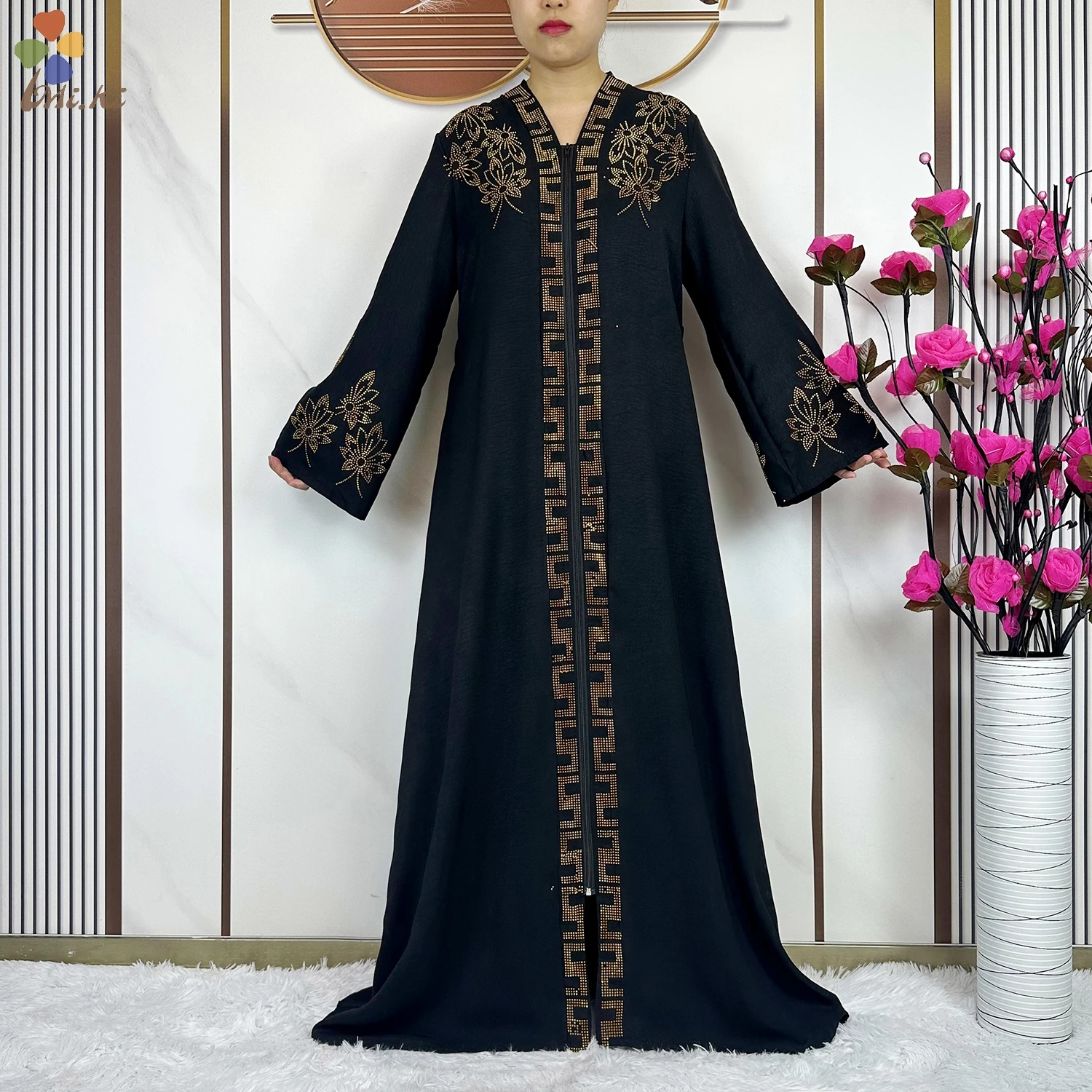 Muslim Women Open Zipper Prayer Robe Gold Hot Diamond Chiffon Material Robe African Abaya Women Cardigan Robe Dubai Clothing