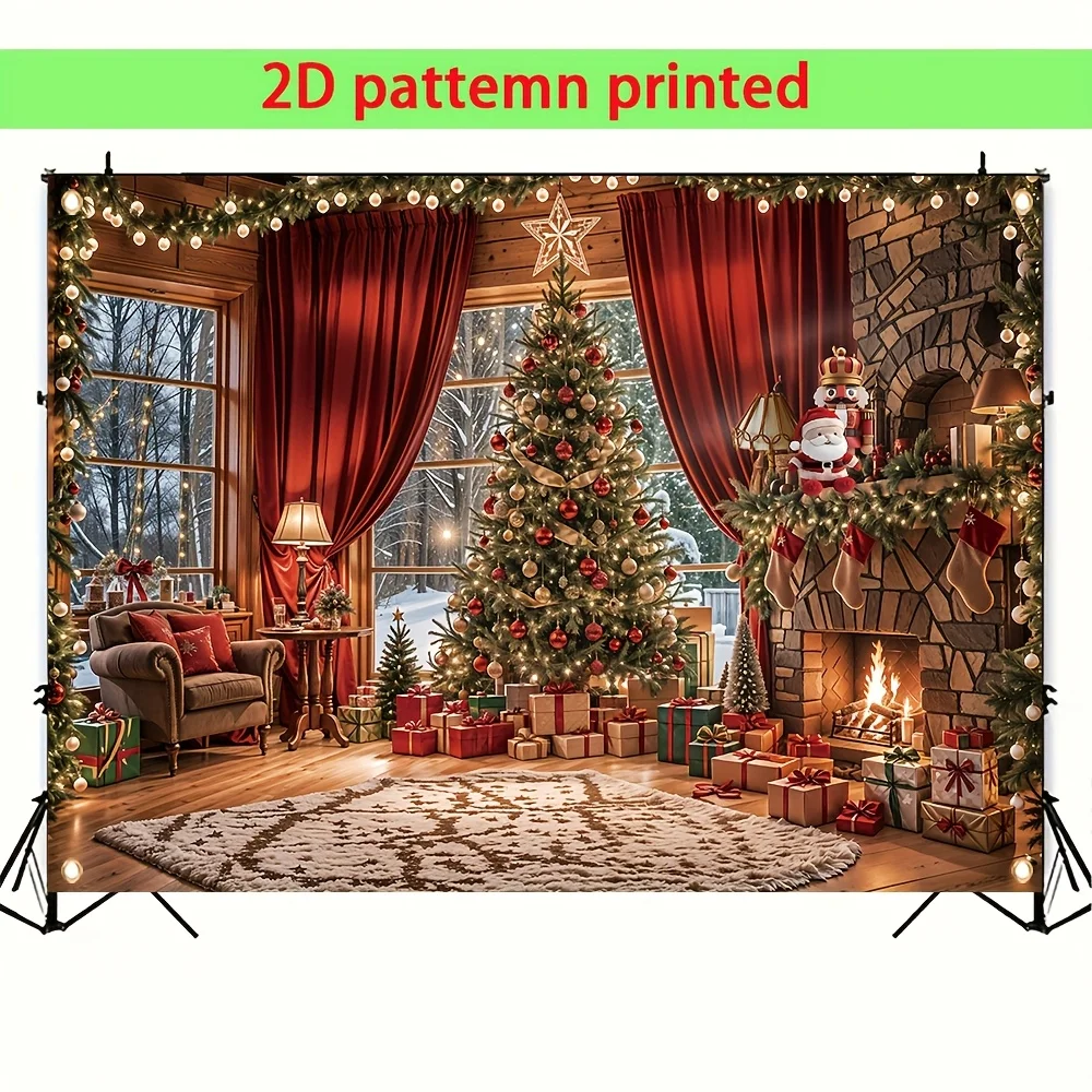 Flacher, multifunktionaler 2D-Weihnachtshintergrundstoff mit Kamin- und Baumdesign, Polyestermaterial, Partyhintergrund