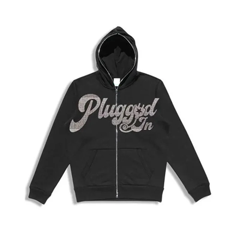 Hip Hop grunge Sweatshirt Korean Fashion Punk Sport Coat Pullover Rhinestone Gothic letter Long Sleeve Zip Hoodie Y2k jacket men