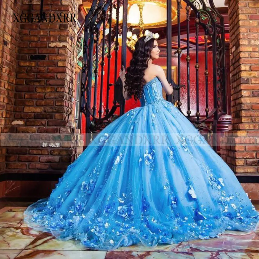 Gorgeous Sky Blue Quinceanera Dresses 2024 New Sweetheart Beaded Pearls Flowers Baby Sweet 16 Dress 15 Anos Birthday Party Gown