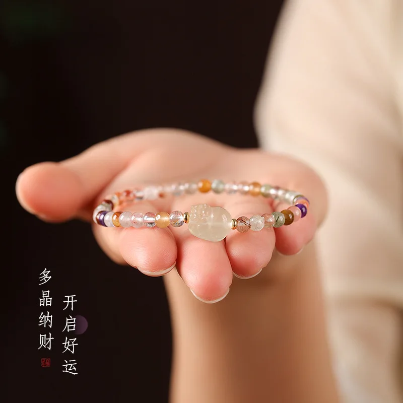 أساور كريستال Ins نقية وأنيقة بألوان قوس قزح، دائرة واحدة مزدوجة، سلسلة يد رائعة على شكل دائرة دقيقة للفتيات