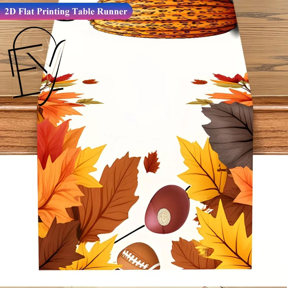Linen Table Runner Blue Pumpkin  Maple Leaf Print on White Wood Thanksgiving Dining Table Decor