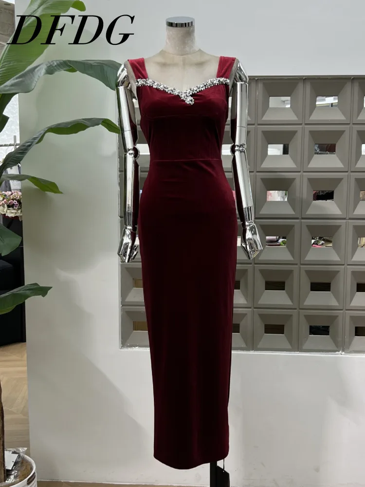 

DFDG 2022, осенне-весеннее женское бархатное платье макси с v-образным вырезом на тонких бретельках, эластичное облегающее платье с завязкой на талии, коктейльное вечернее платье