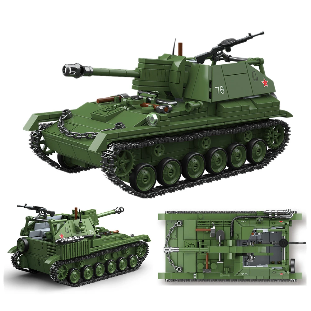 

World War 2 WW2 Army Military Soldiers SAWT Su-76M Tank Destroyer Self-Propelled Artillery ​Building Blocks Bricks Toys For Kids