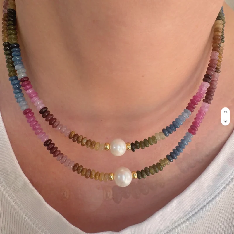 Natural Rainbow Tourmaline Colorful Bring Luck Vintage Trendy Necklace Natural Stone for Mother Gift