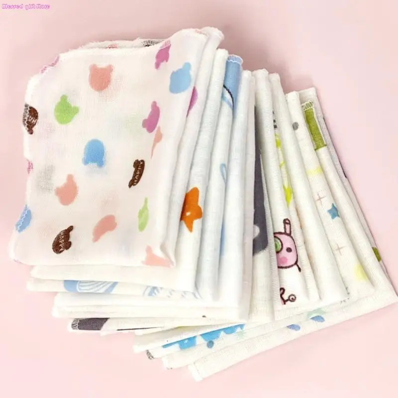 D0JC 10Pcs 20x20cm Baby Washcloths Set Cartoon Print Double Layer Gauze Infant Face Towel Reusable Wipes Absorbent Square