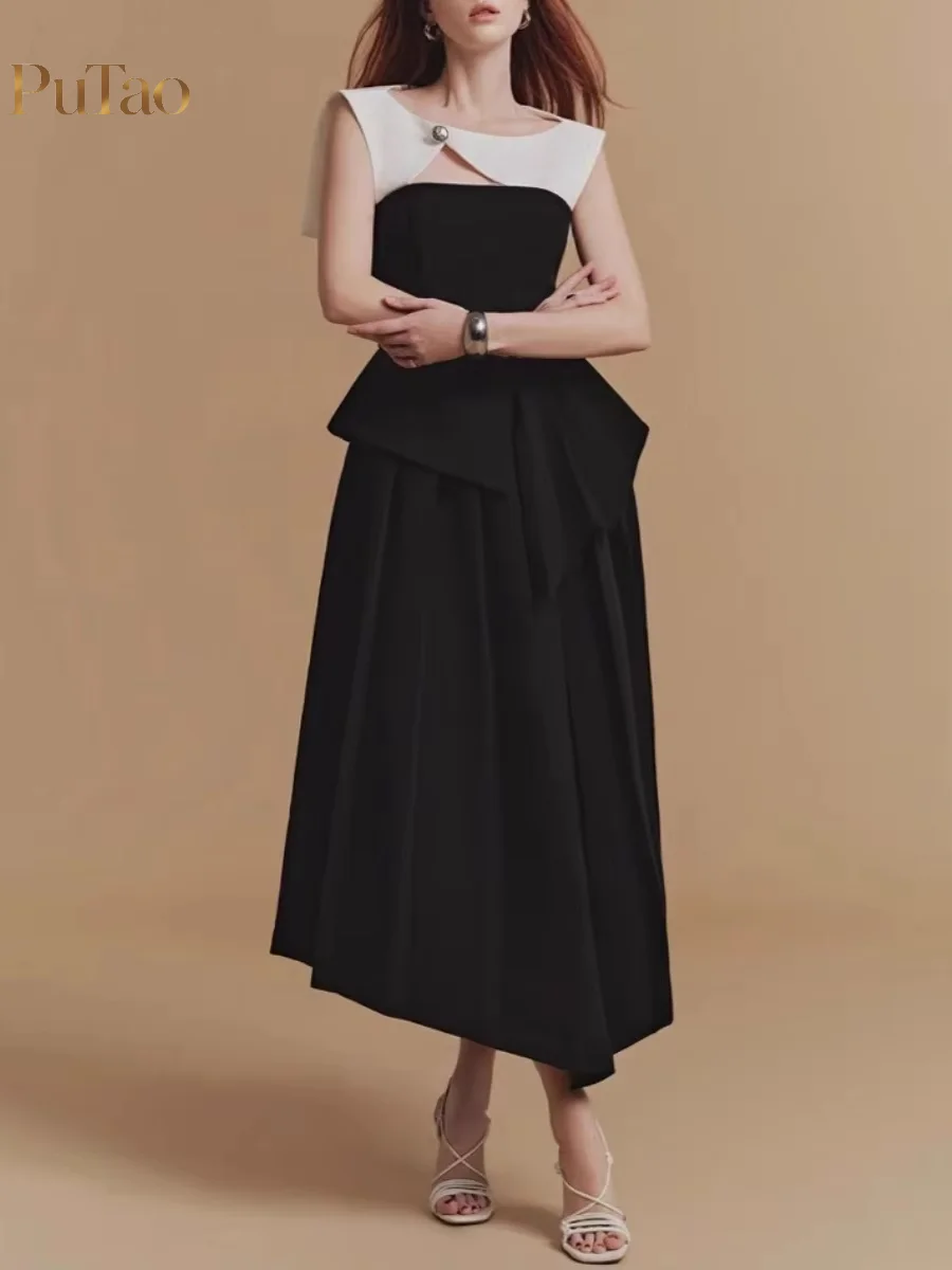 Putao Modest Black White Patchwork Midi Dress Sleeveless Big Bow Waist Irregular Hem Formal Evening Wedding Guest Party Gown