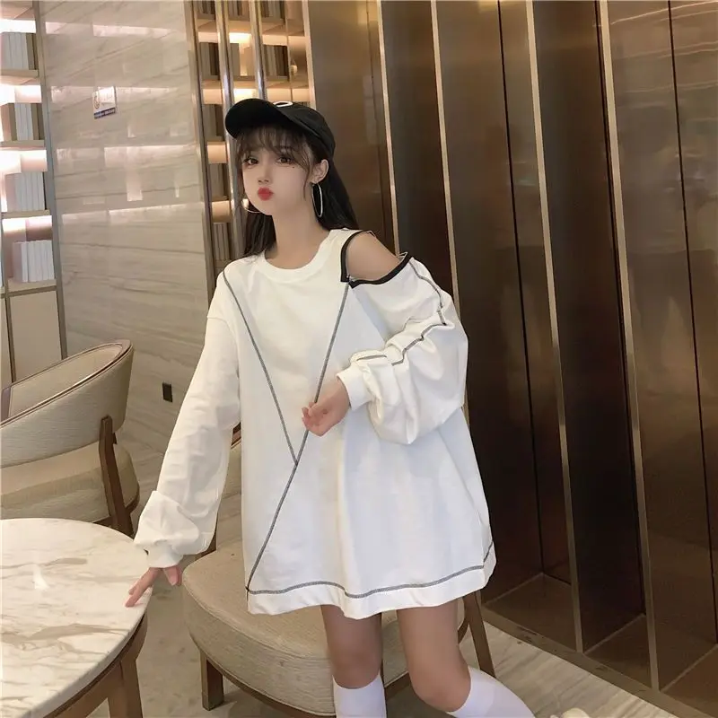 

Oversized Women Clothing Fashion Loose Patchwork O-neck Off Shoulder Long Sleeve Mid Length Top Autumn Trend Simplicity T-Shirts