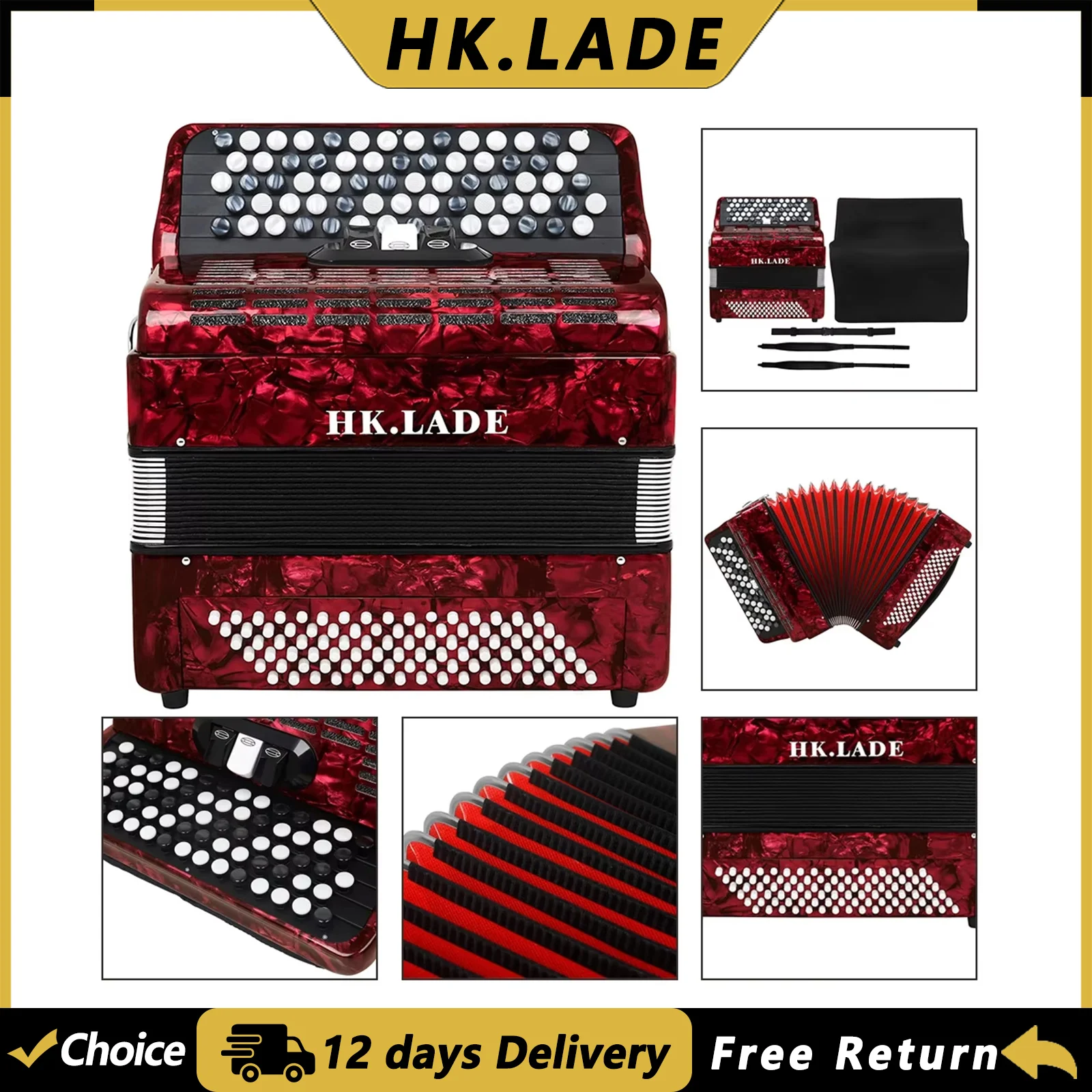 HK.LADE AH-120 69 Keys 96 Bass Accordion Multi-voice Bayan Accordion with Bag Keyboard Instrument for Performance/Teaching