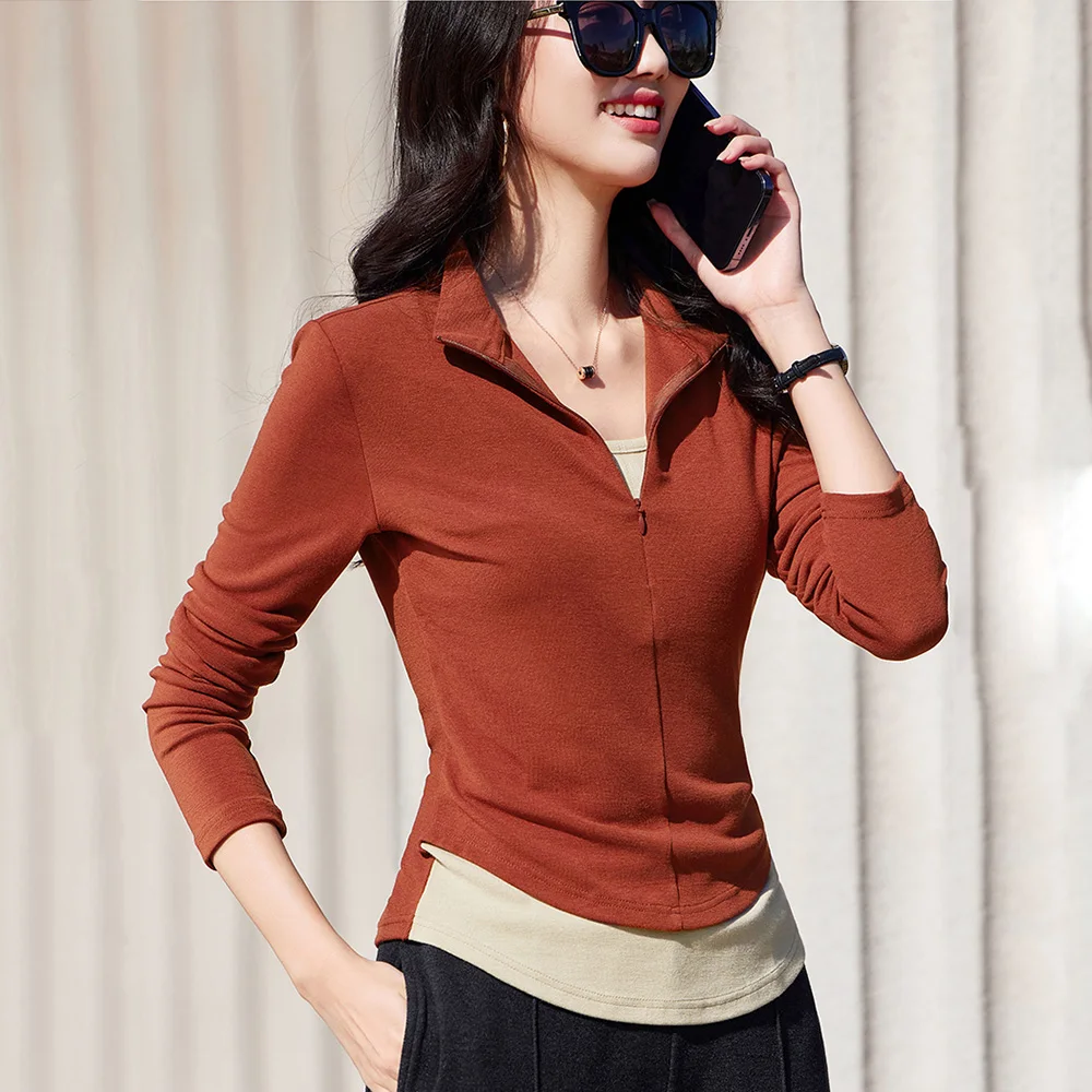 

New Women Spring Autumn Casual Slim T-shirt Fashion Zipper Half High Collar Contrast Color Patchwork Long Sleeve T-shirt