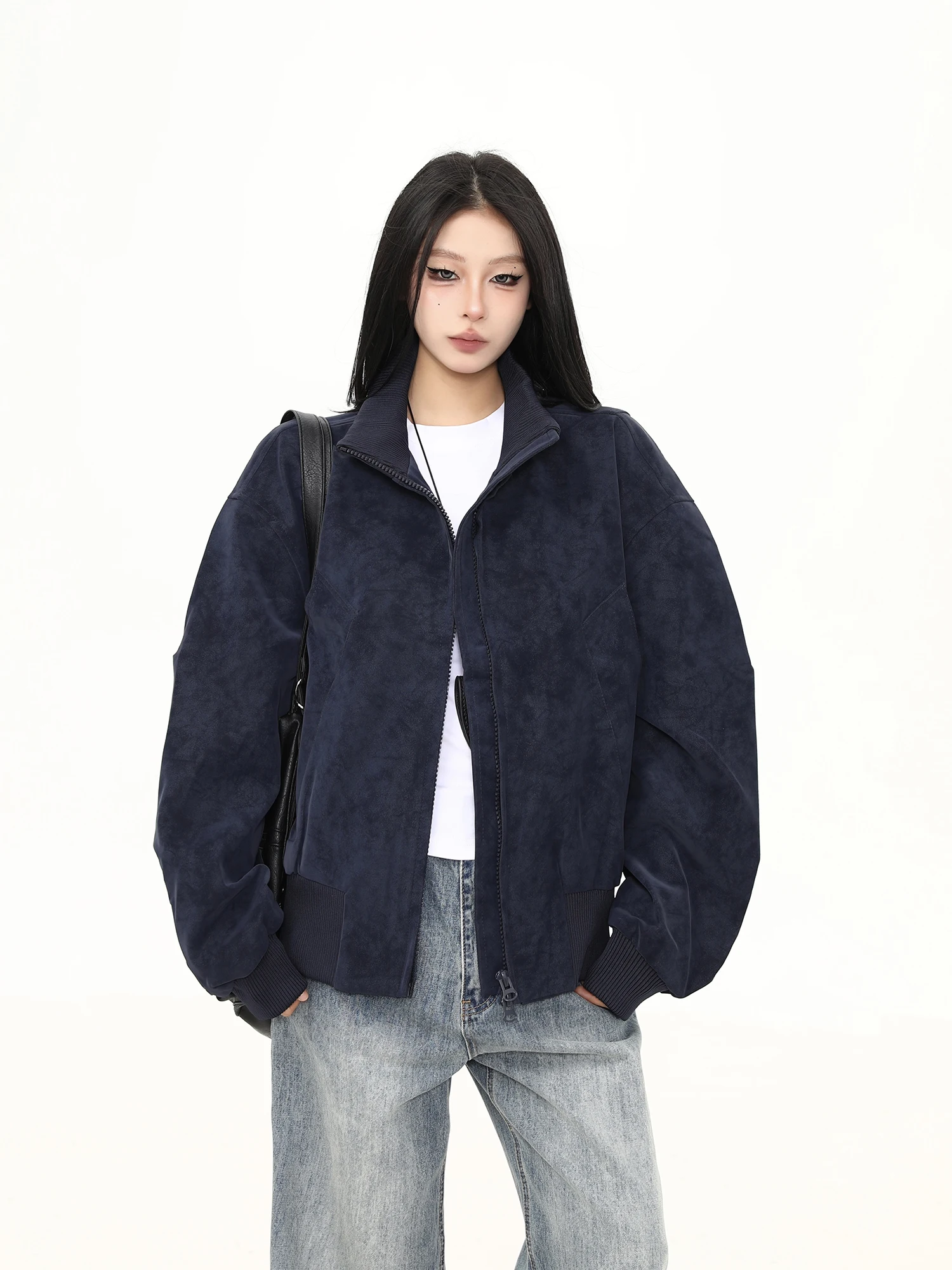 

Wild Koala Blue Motorcycle Jaet American Retro Design Versatile Top Street Sle Loose Fit Long Sve Zipper Closure