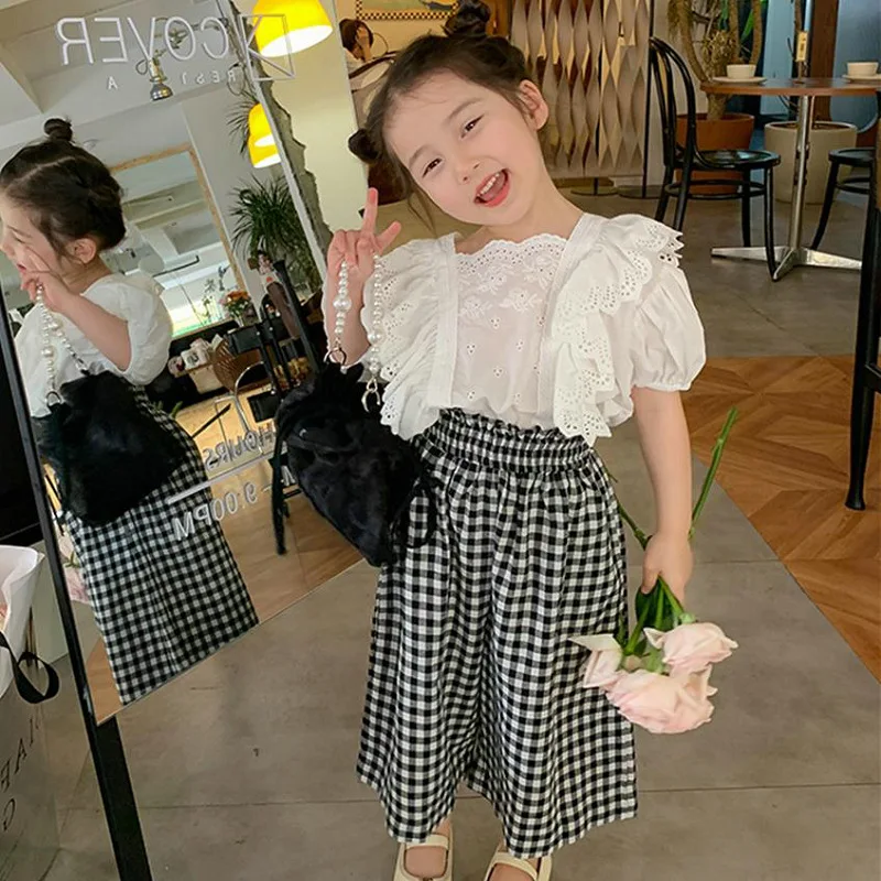 Girls Set with Lace Bubble Sleeves T Shirt and Checkered High Waisted Pants 26 Summer New Childrens Clothing