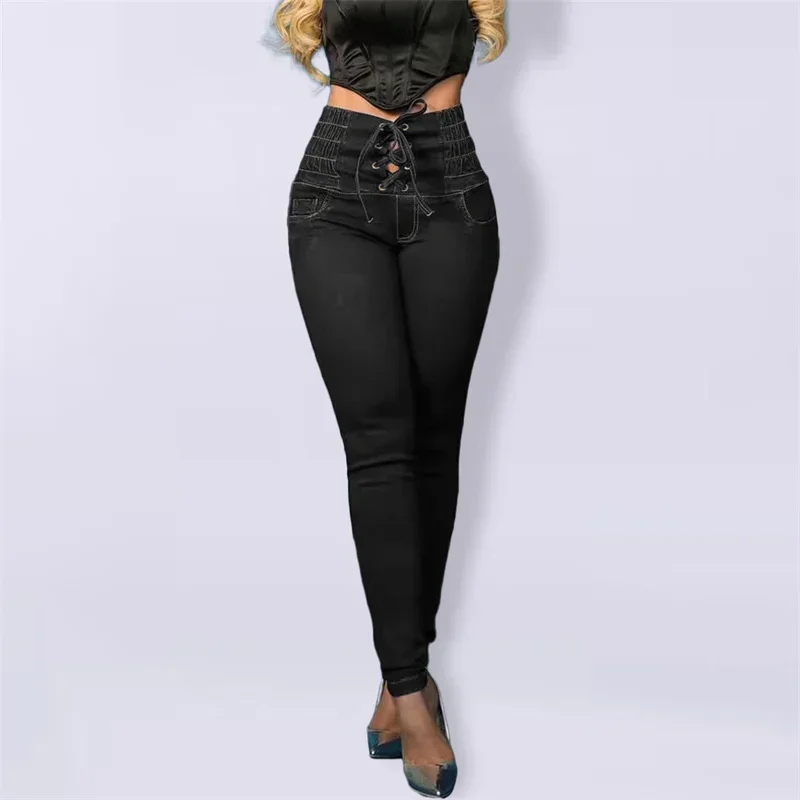 Fashion New Stretch High Waist Lace-up Pencil Jeans Women Slim Lift Hip Denim Pants Female Comfortable Casual Commuter Trousers