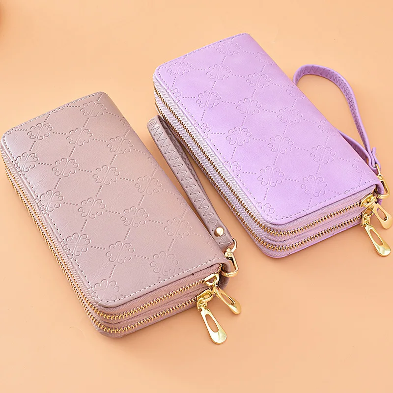 Women's Long Wallet Shiny Leather Double Zipper Clutch Bag Large Capacity Double Layer Phone Pocket Matte Wrist Strap Purse