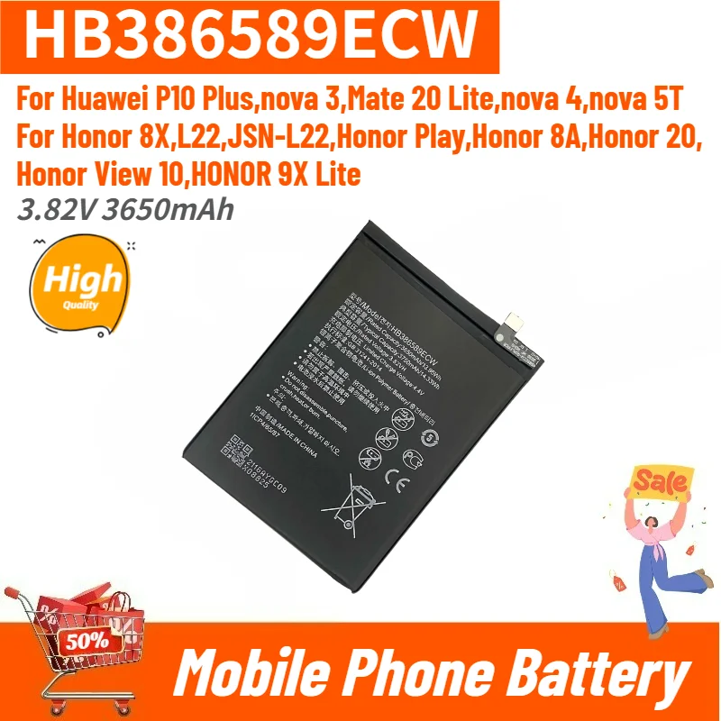 High Quality HB386589ECW Replacement Phone Battery 3.82V 3650mAh For Huawei p10 plus Honor 8X View 10 Mate 20 Lite Nova 3/4 New