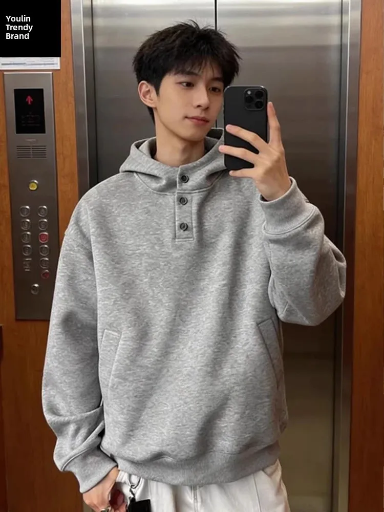 

Мужская толстовка Light ey Henry Collar Hoodie, свободного кроя, из плотной ткани, в американском стиле, с аккуратным силуэтом, весенняя, повседневная, свободного кроя, с длинными рукавами