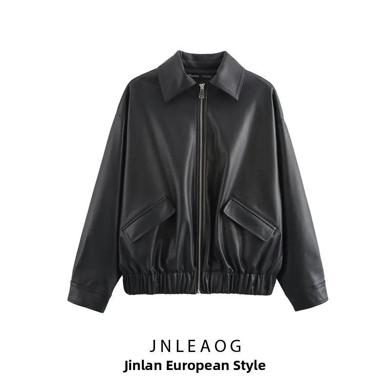 JNLEAOG Herfst Nieuwe Dames Faionable Losse Leren Jaet Bovenkleding Lange Sve Polyester Vezel Straat Sle Jas